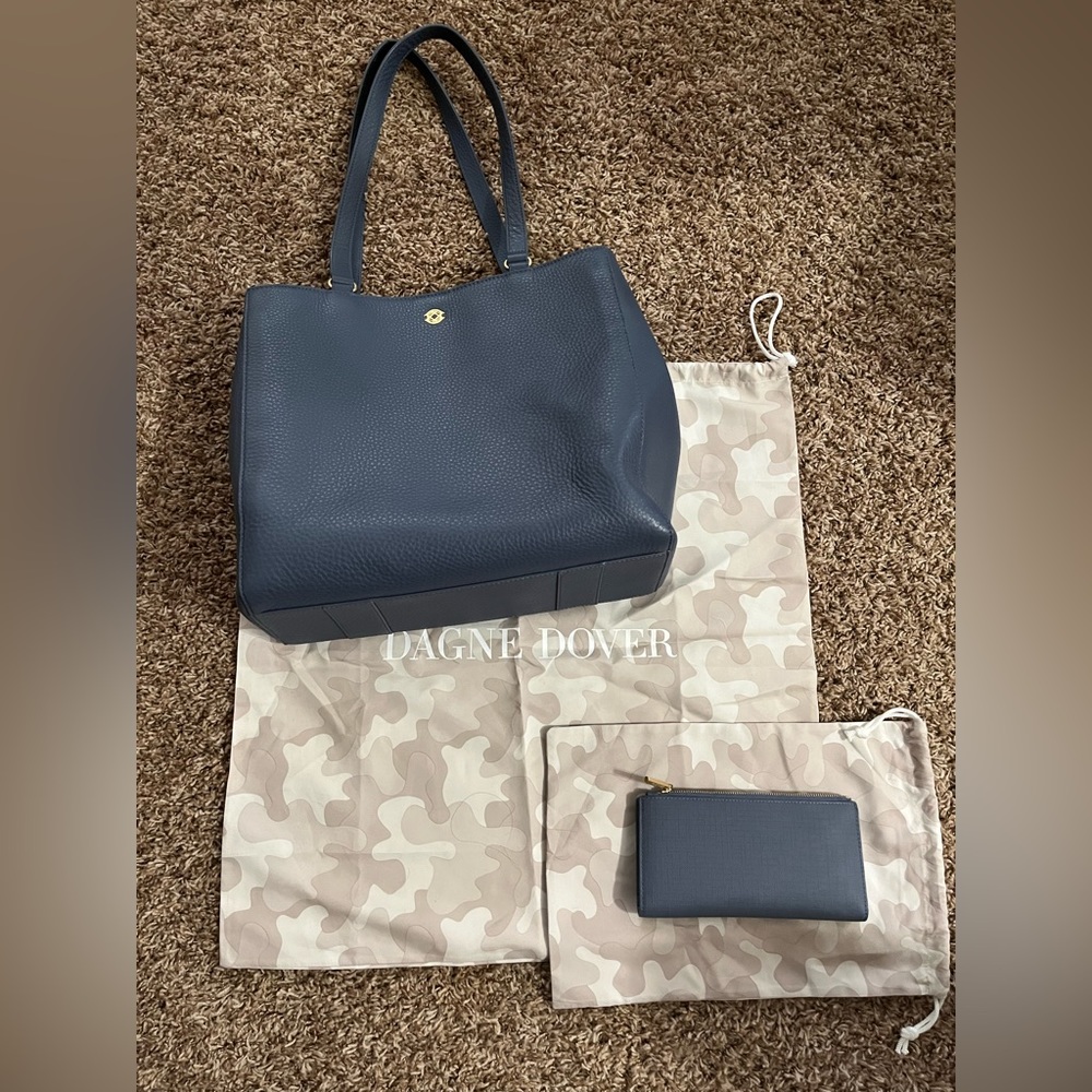 Dagne Dover Allyn Leather Tote, Medium, Blue with matching wallet